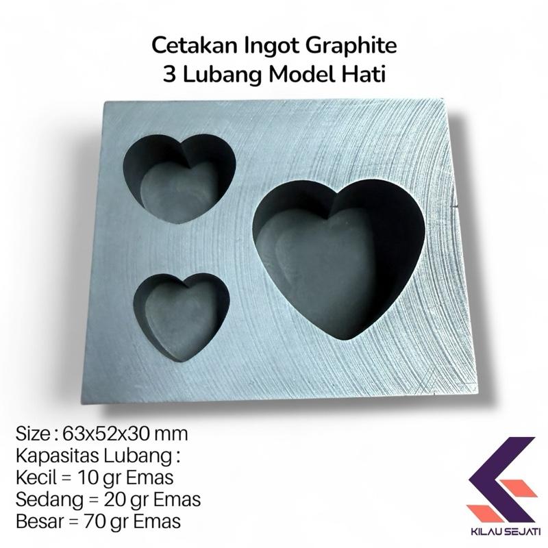 Cetakan Ingot Graphite 3 Lubang Model Hati untuk Emas dan Perak