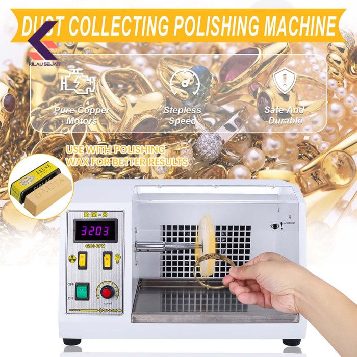 Mesin Poles Perhiasan DM-8 dengan Penghisap Debu – 4200 RPM, Motor Tembaga, Poles Emas & Perak