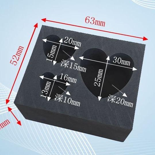 Cetakan Ingot Graphite 3 Lubang Model Hati untuk Emas dan Perak