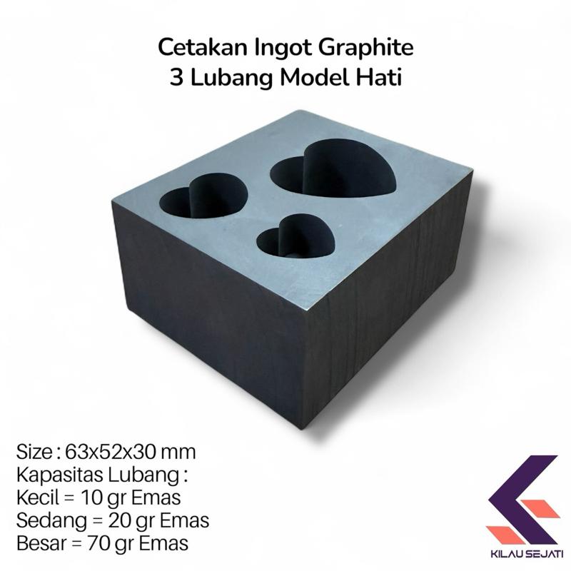 Cetakan Ingot Graphite 3 Lubang Model Hati untuk Emas dan Perak