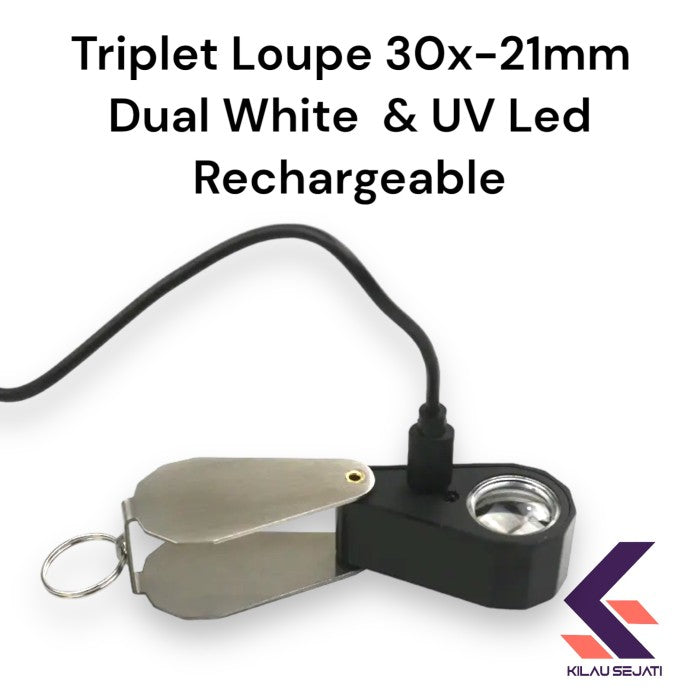Loupe Perhiasan 30x 21 mm Lampu Rechargeable / Triplet Magnifier