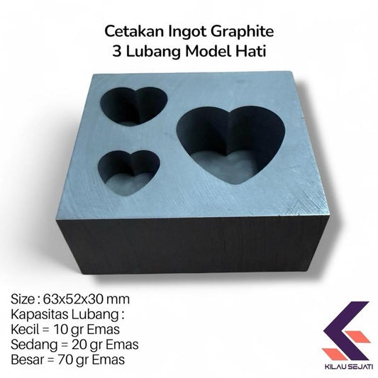 Cetakan Ingot Graphite 3 Lubang Model Hati untuk Emas dan Perak