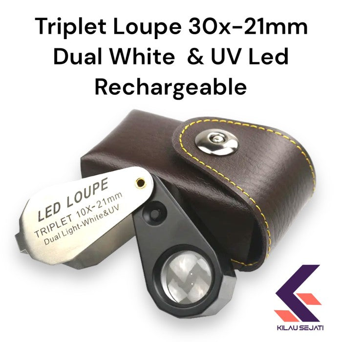 Loupe Perhiasan 30x 21 mm Lampu Rechargeable / Triplet Magnifier