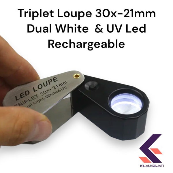 Loupe Perhiasan 30x 21 mm Lampu Rechargeable / Triplet Magnifier